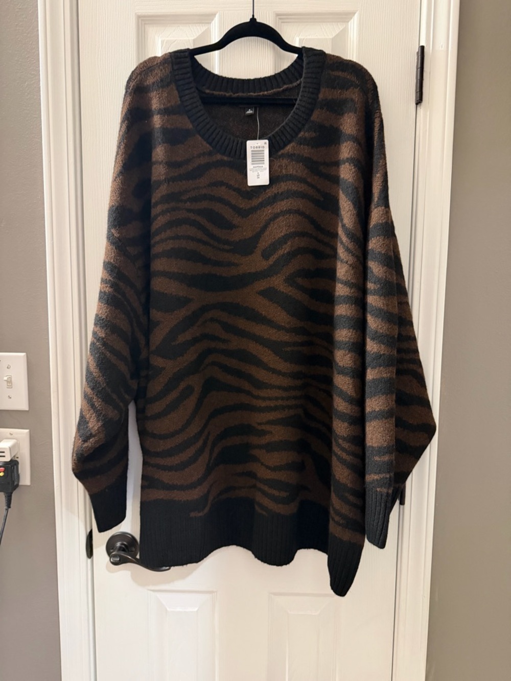 torrid Vegan Cashmere Brown and Black Zebra-Print Crewneck Sweater - Picture 3 of 4